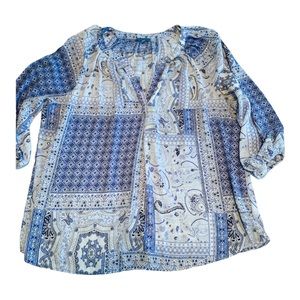 Fleur Bleve women's boho blue floral 3/4 sleeve top, Tunic Size 1X